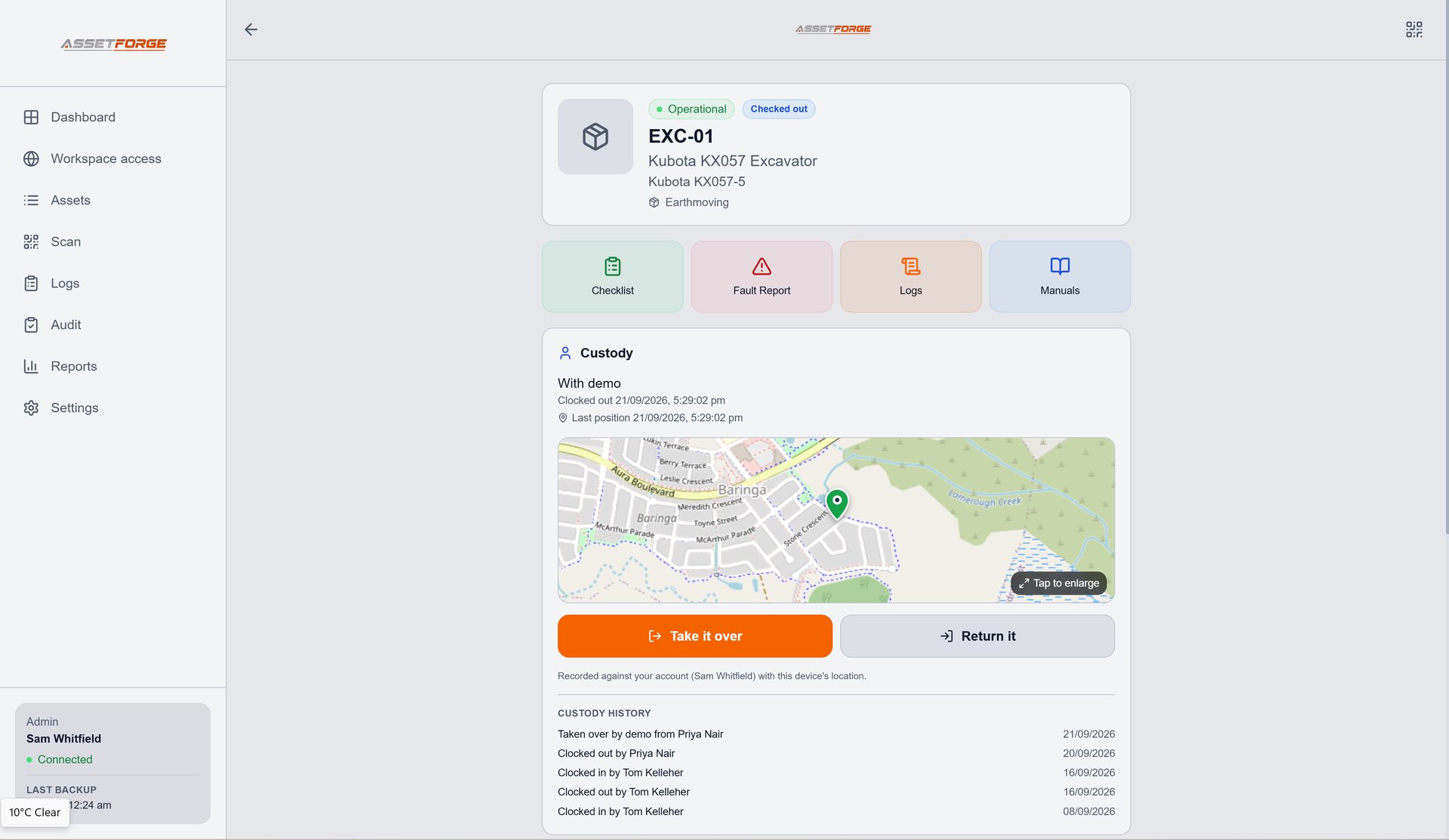 AssetForge warehouse asset record on desktop