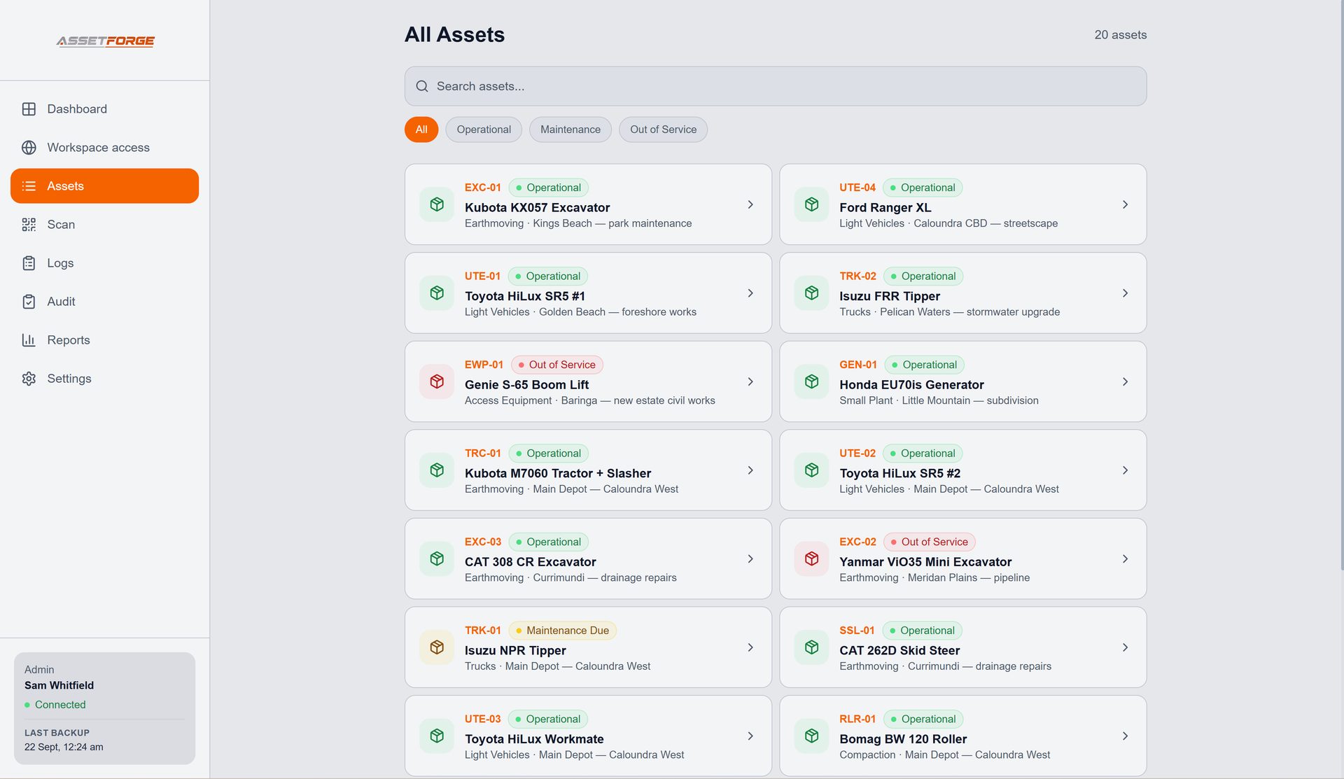 AssetForge asset register with status and location for every asset