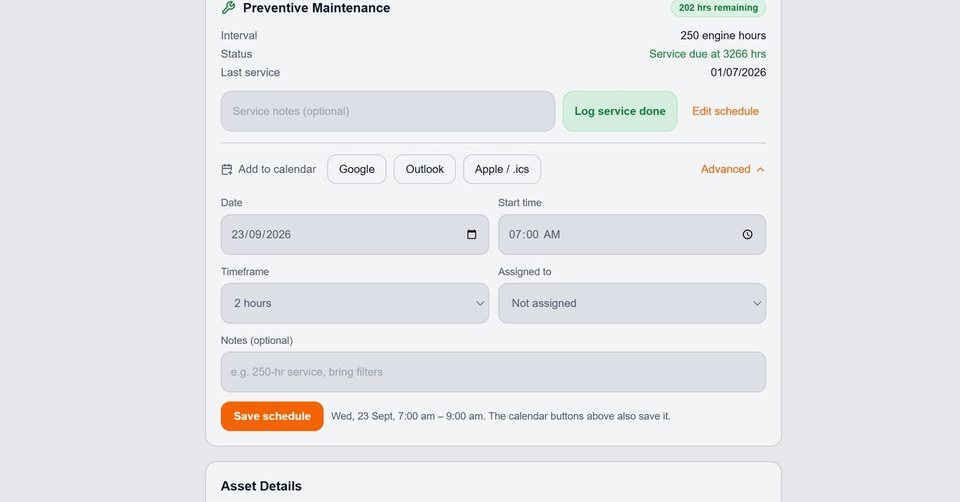 Preventive maintenance with add-to-calendar and assignment