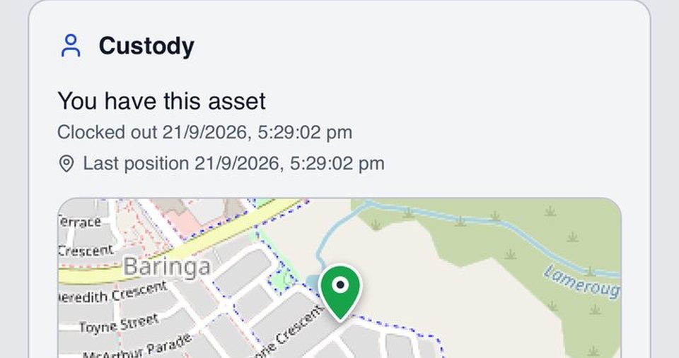 Clock in and clock out of an asset on a phone, with a location map