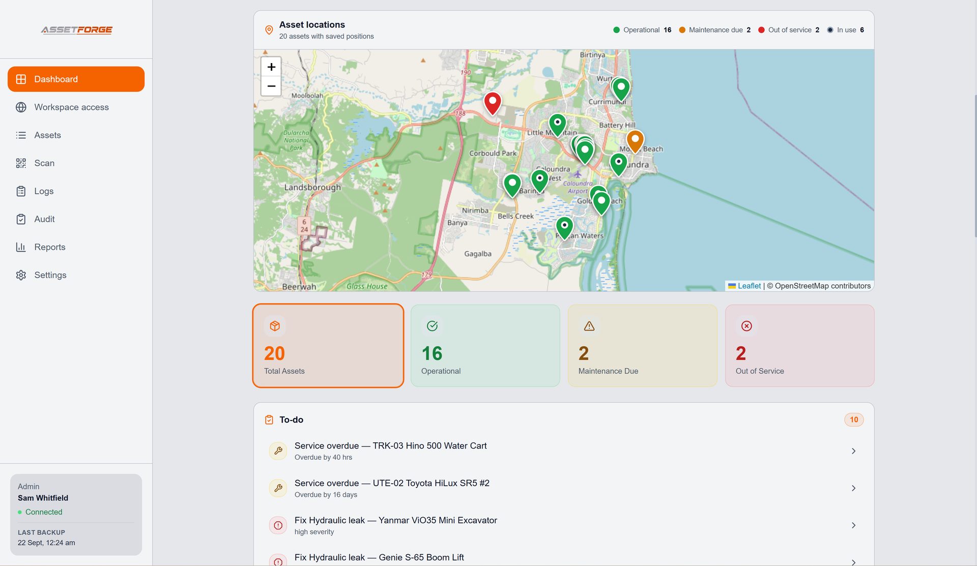 AssetForge dashboard with asset map and status totals