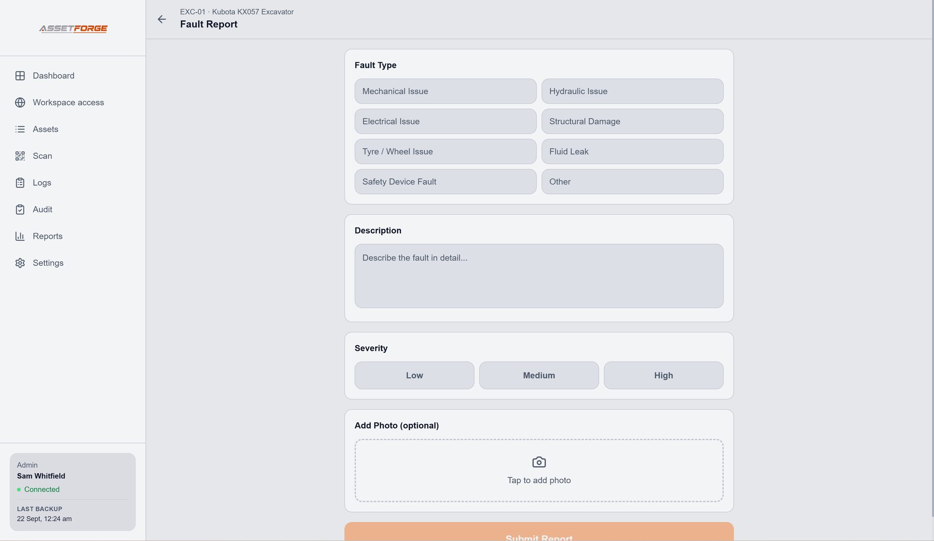 AssetForge fault report with fault type, severity and photo