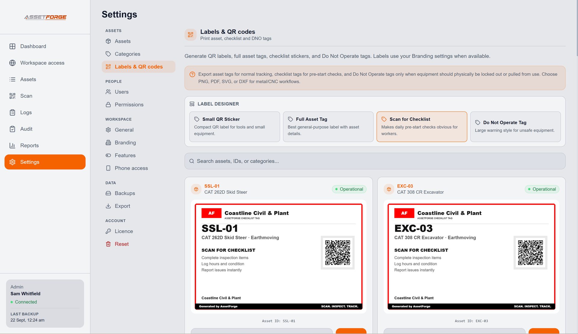 AssetForge QR label and Do Not Operate tag designer