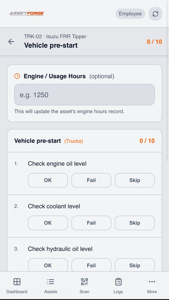 AssetForge digital pre-start checklist on a phone