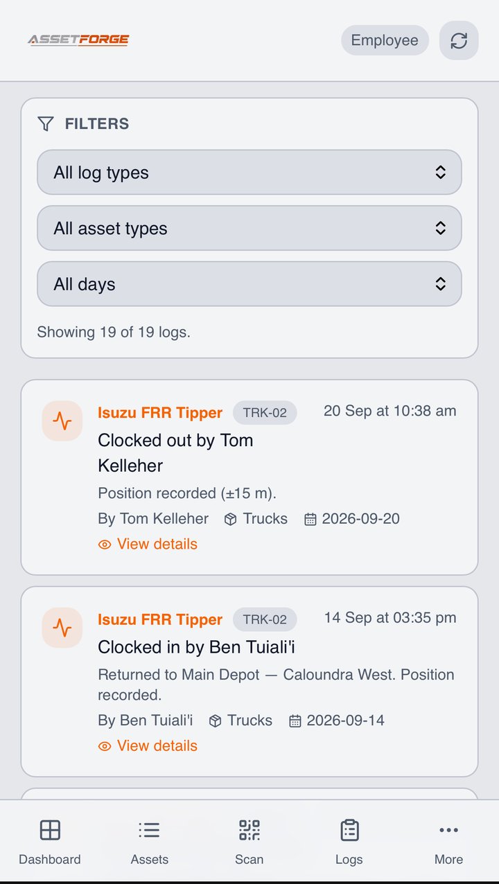 AssetForge activity and inspection history on a phone