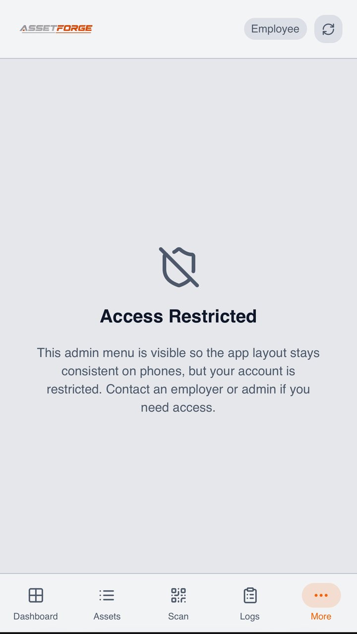 AssetForge limiting what an employee can see on a phone