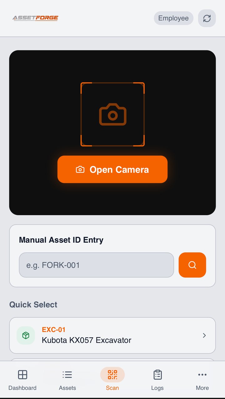 AssetForge QR scanner on a phone, with manual ID entry and quick select