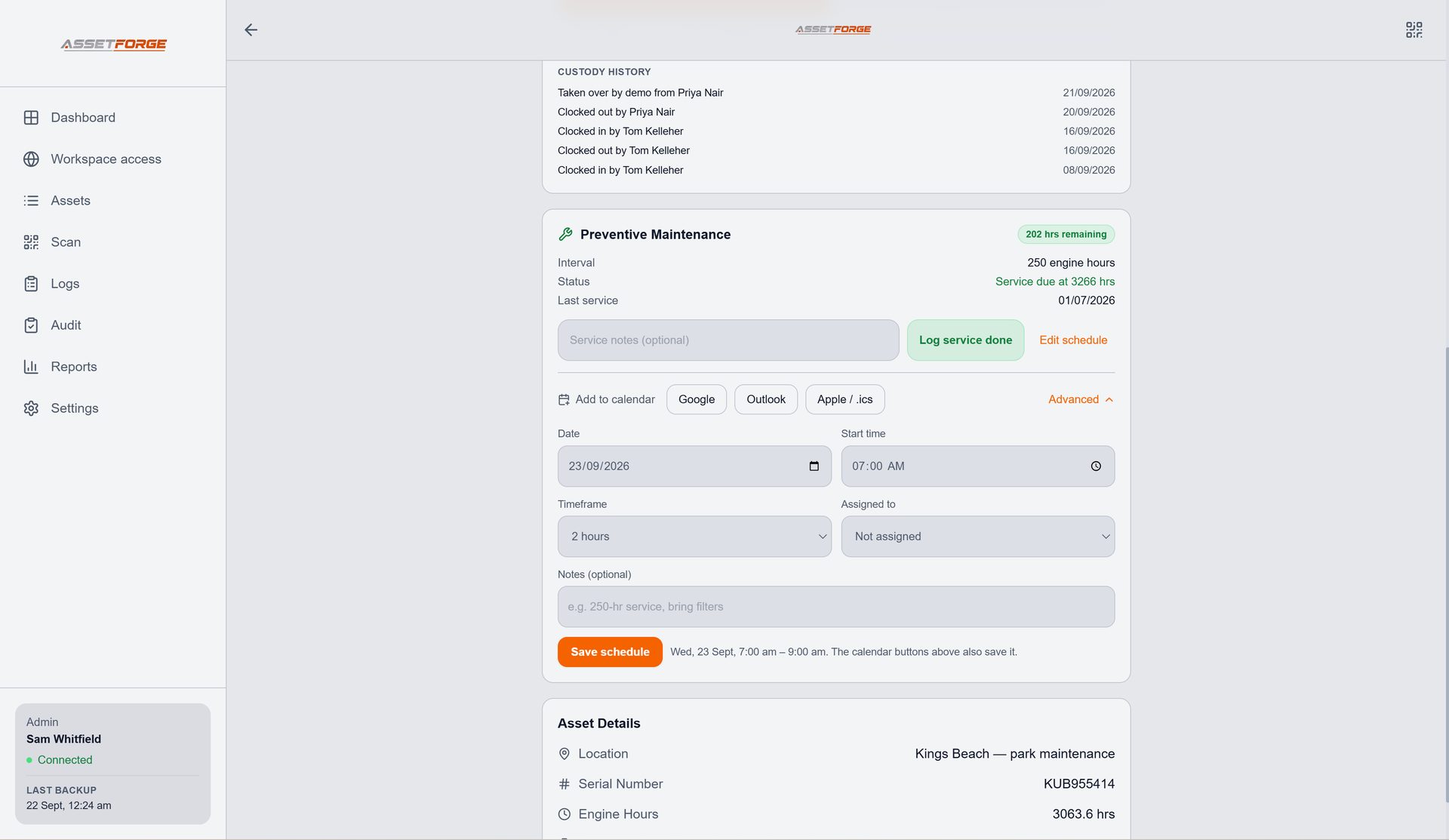 AssetForge preventive maintenance with service scheduling and calendar export