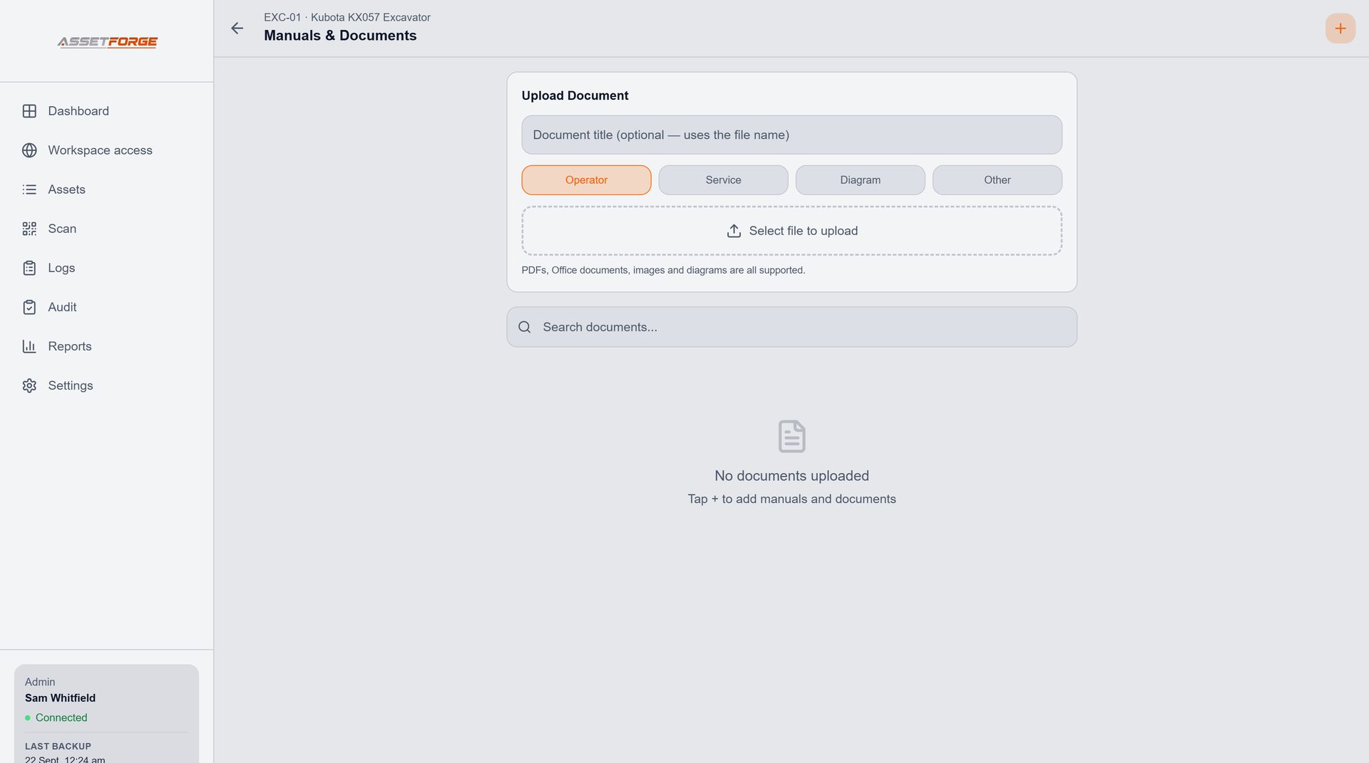 AssetForge manuals and documents attached to an asset
