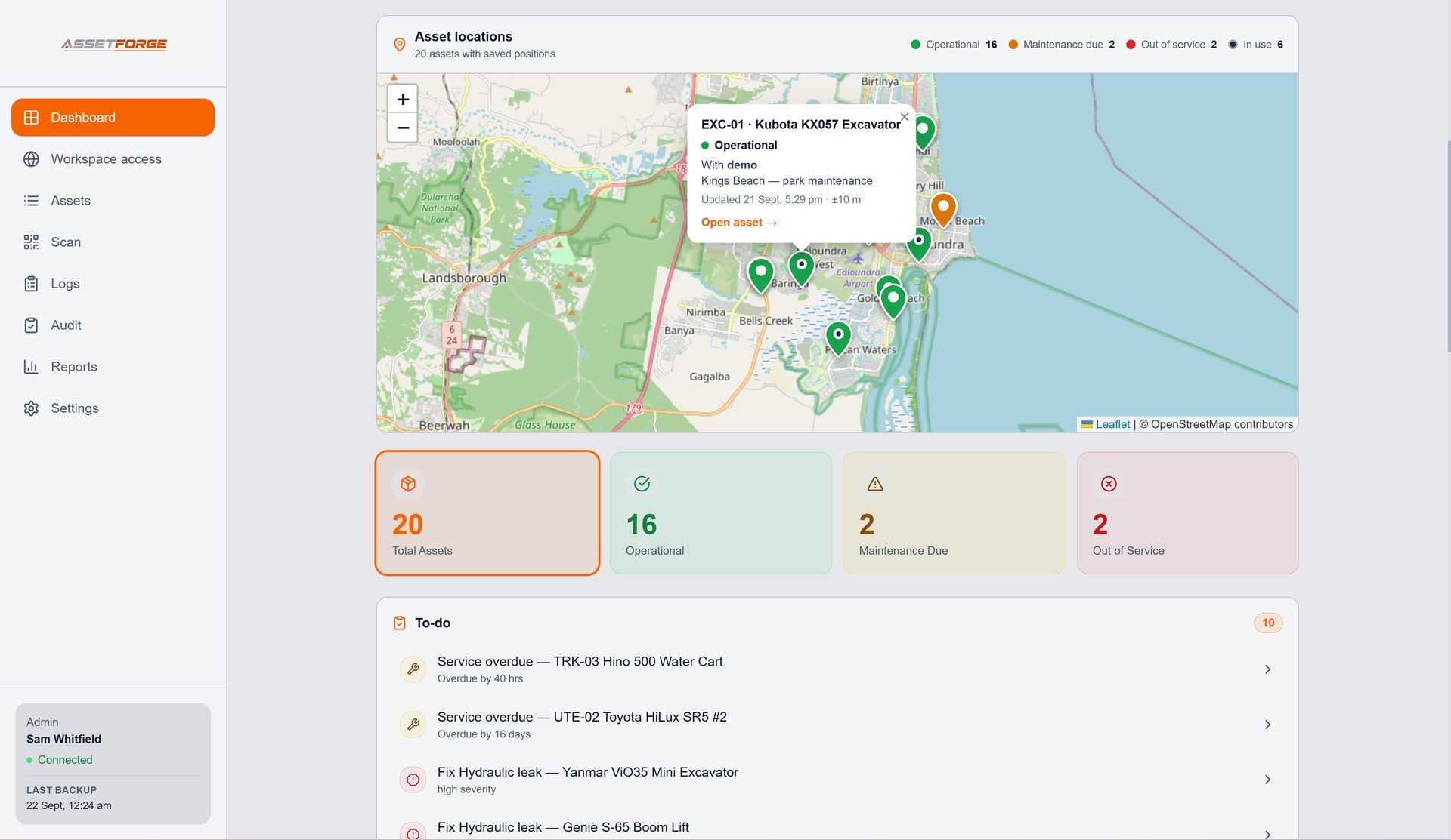 AssetForge Advanced live map showing where plant was last clocked in or out
