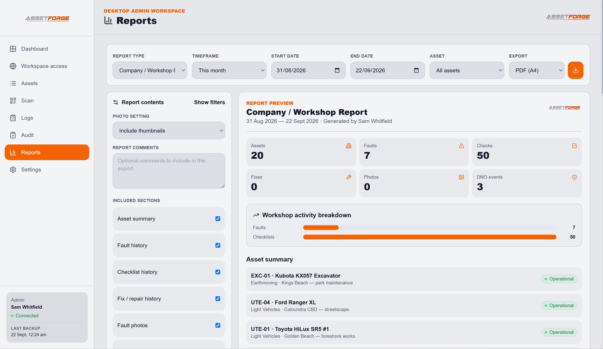 AssetForge report builder with workshop summary and export options