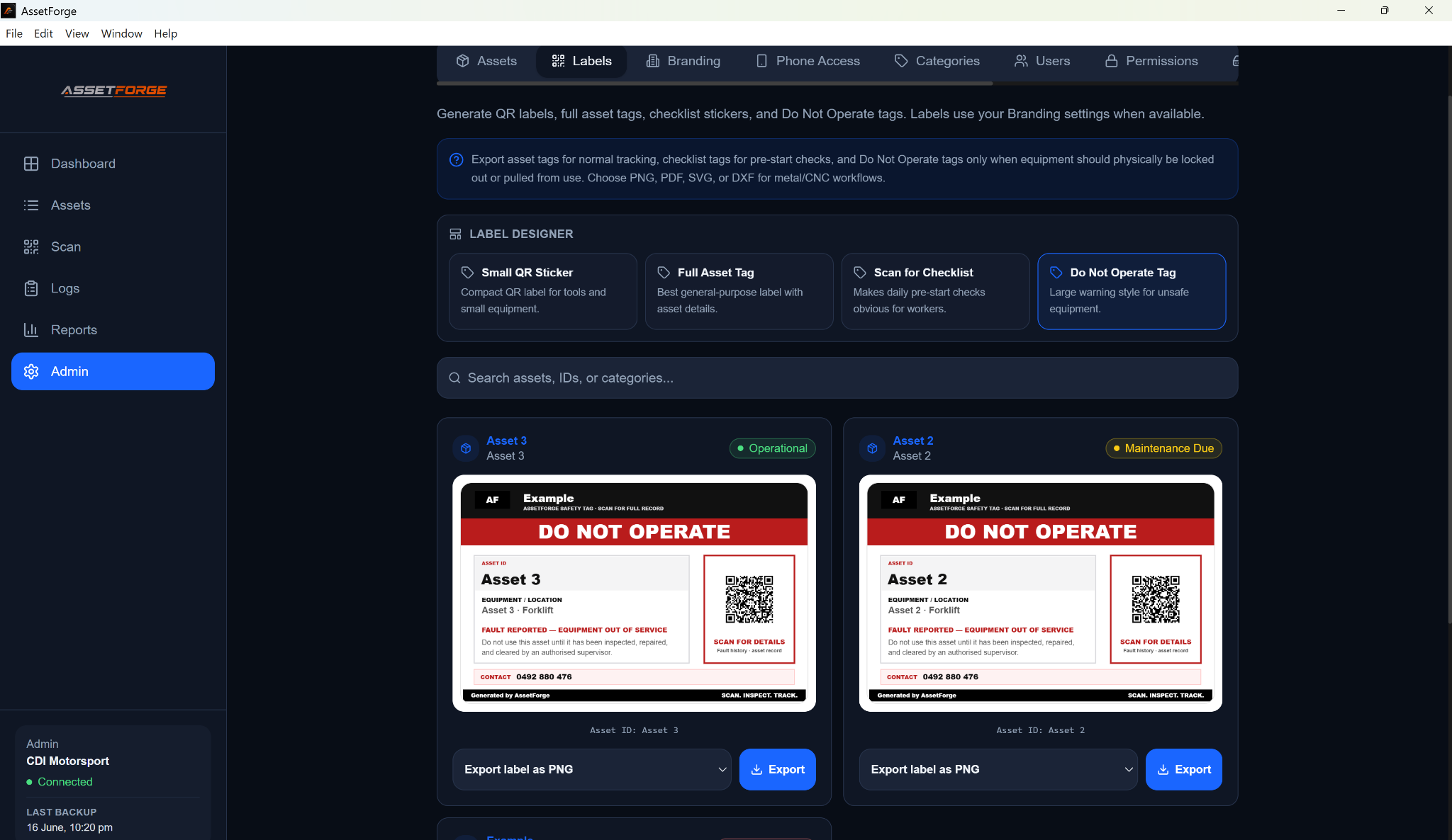 AssetForge label export screen