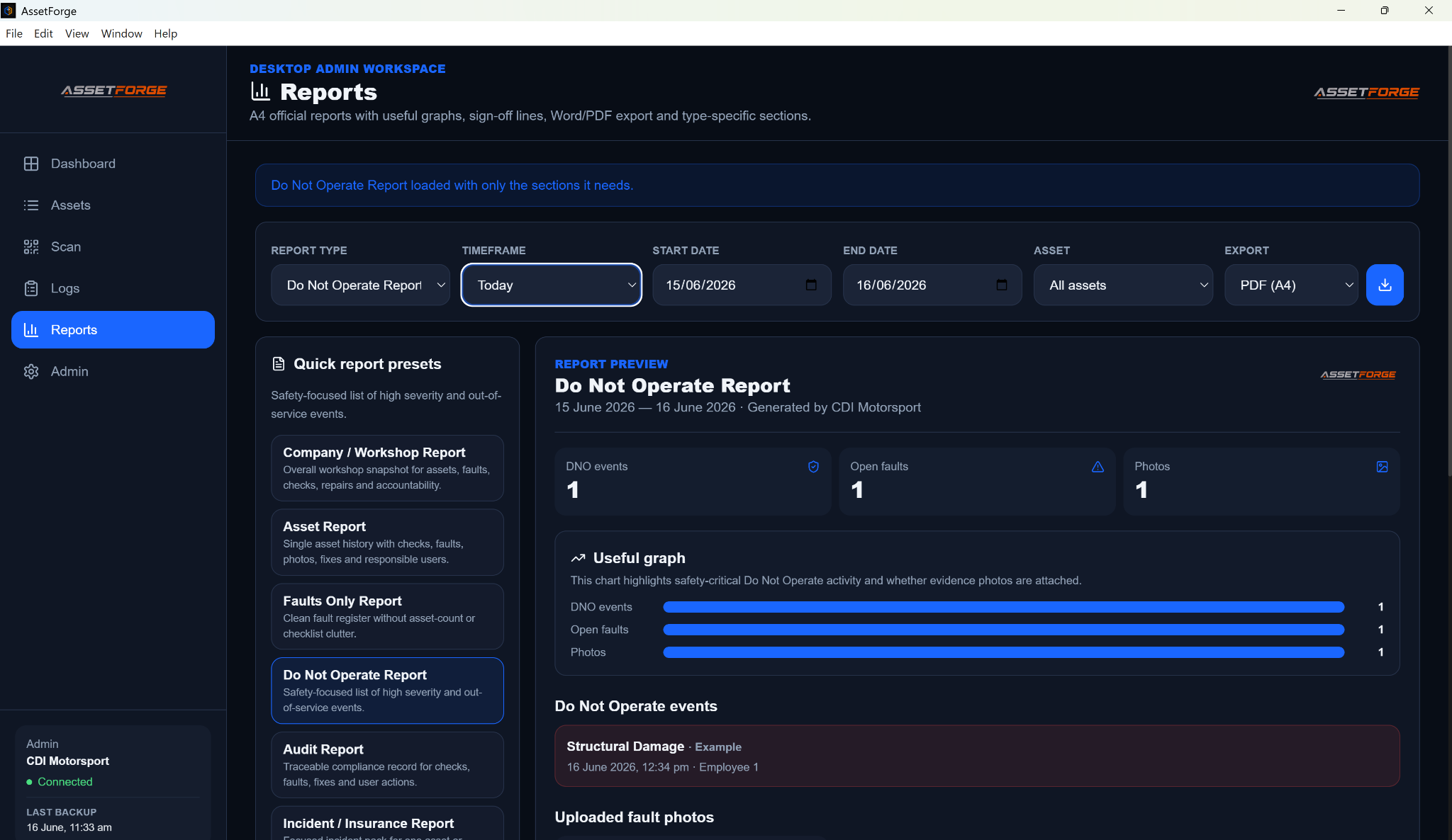 AssetForge reports desktop screenshot