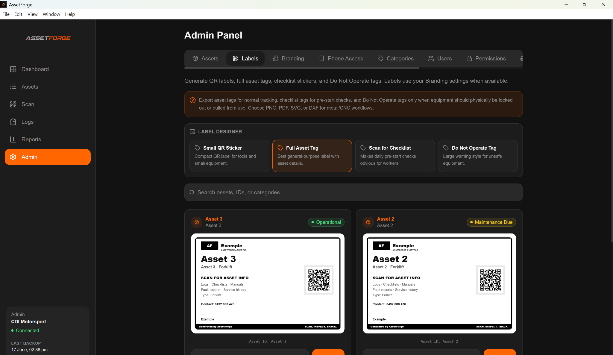 AssetForge label export