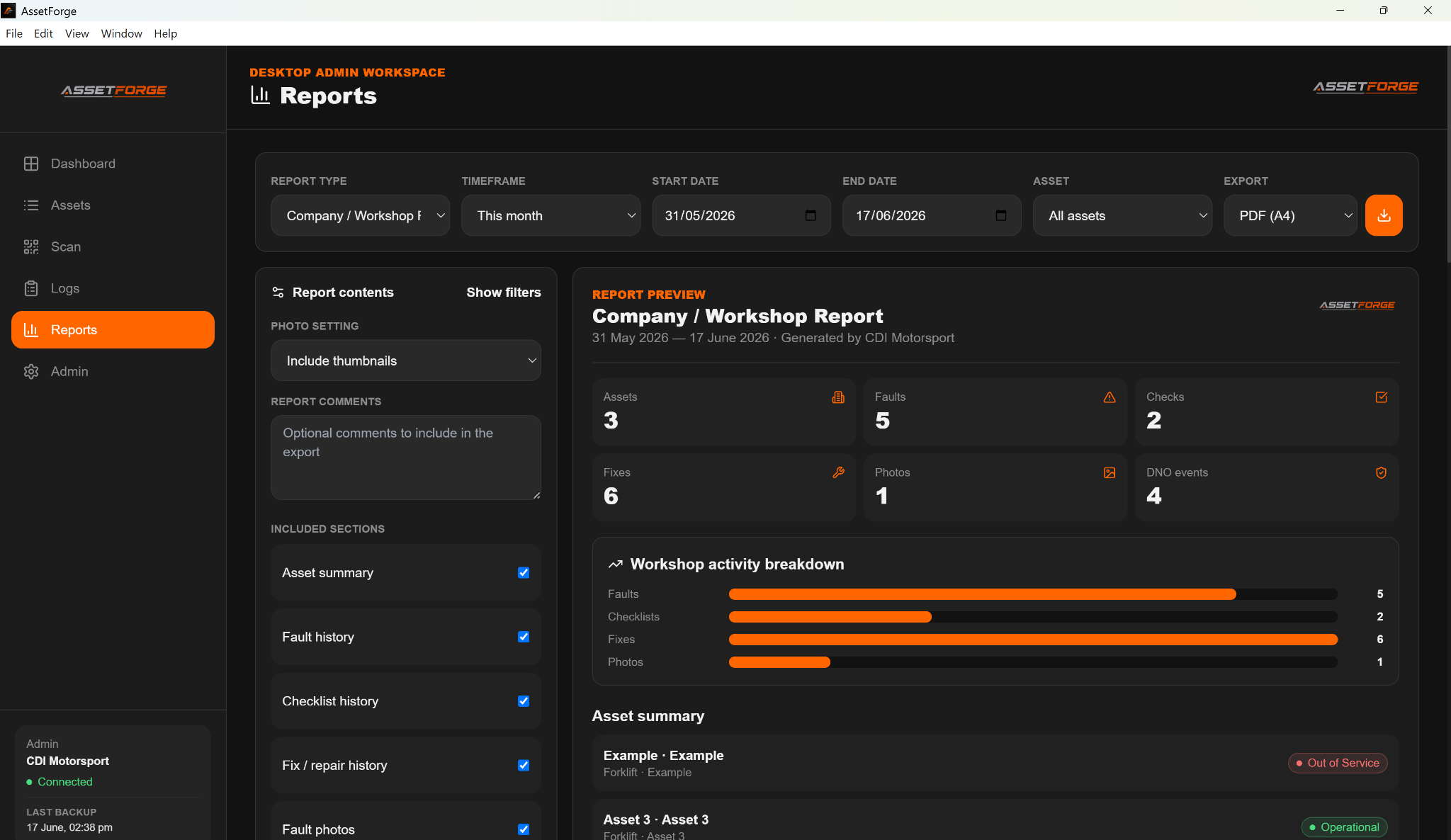 AssetForge reports view