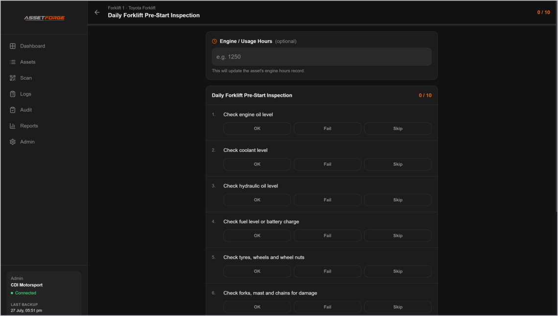 AssetForge daily checklist