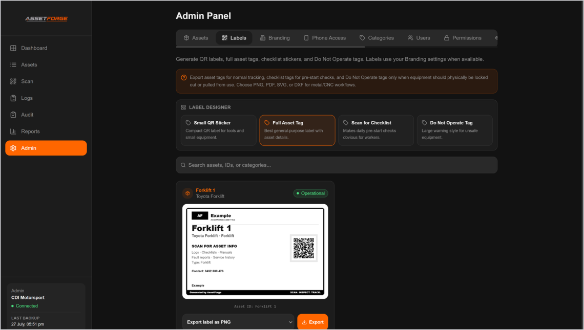 AssetForge QR label designer