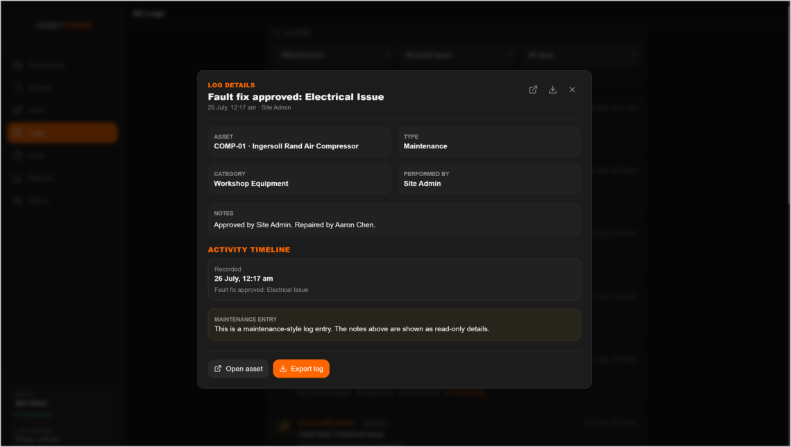 AssetForge detailed activity log entry