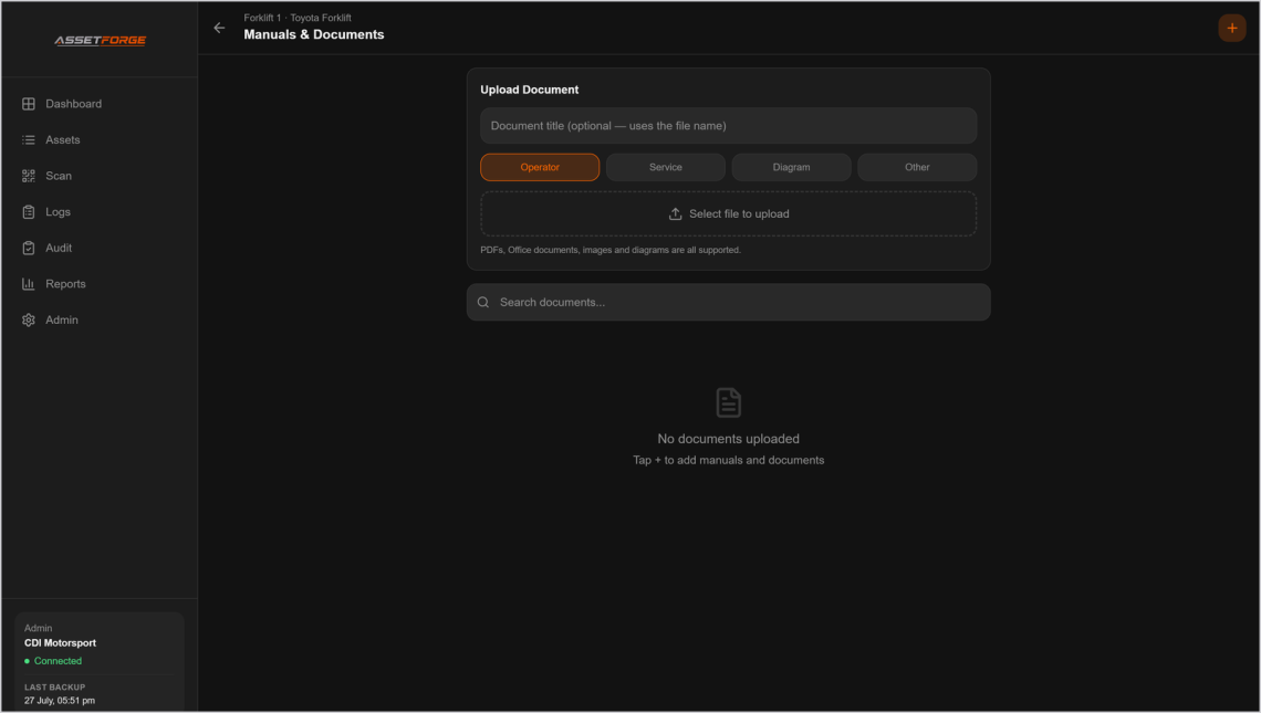 AssetForge manuals and documents screen