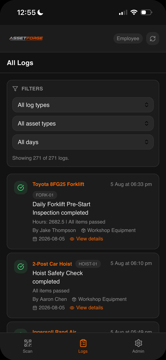 AssetForge mobile logs