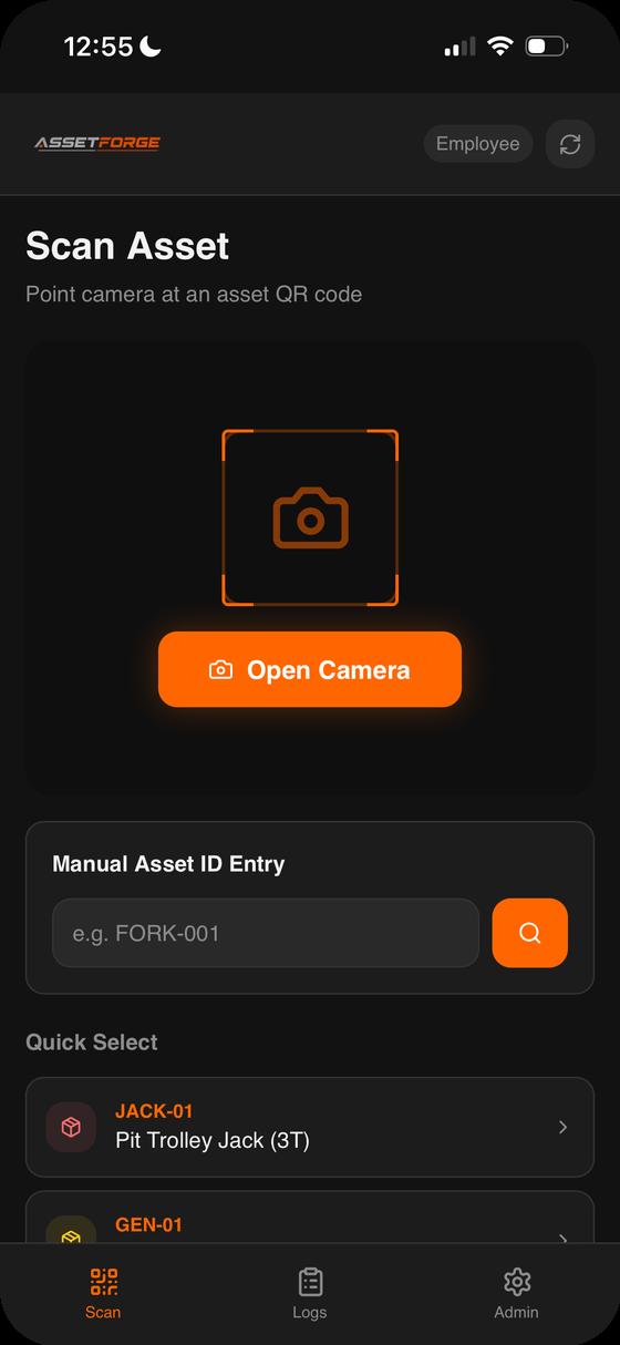 AssetForge phone QR scanner